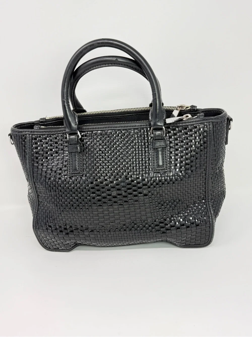 Tory Burch Robinson Black Basket Weave Leather Small Tote Satchel with Chain - Picture 4 of 16